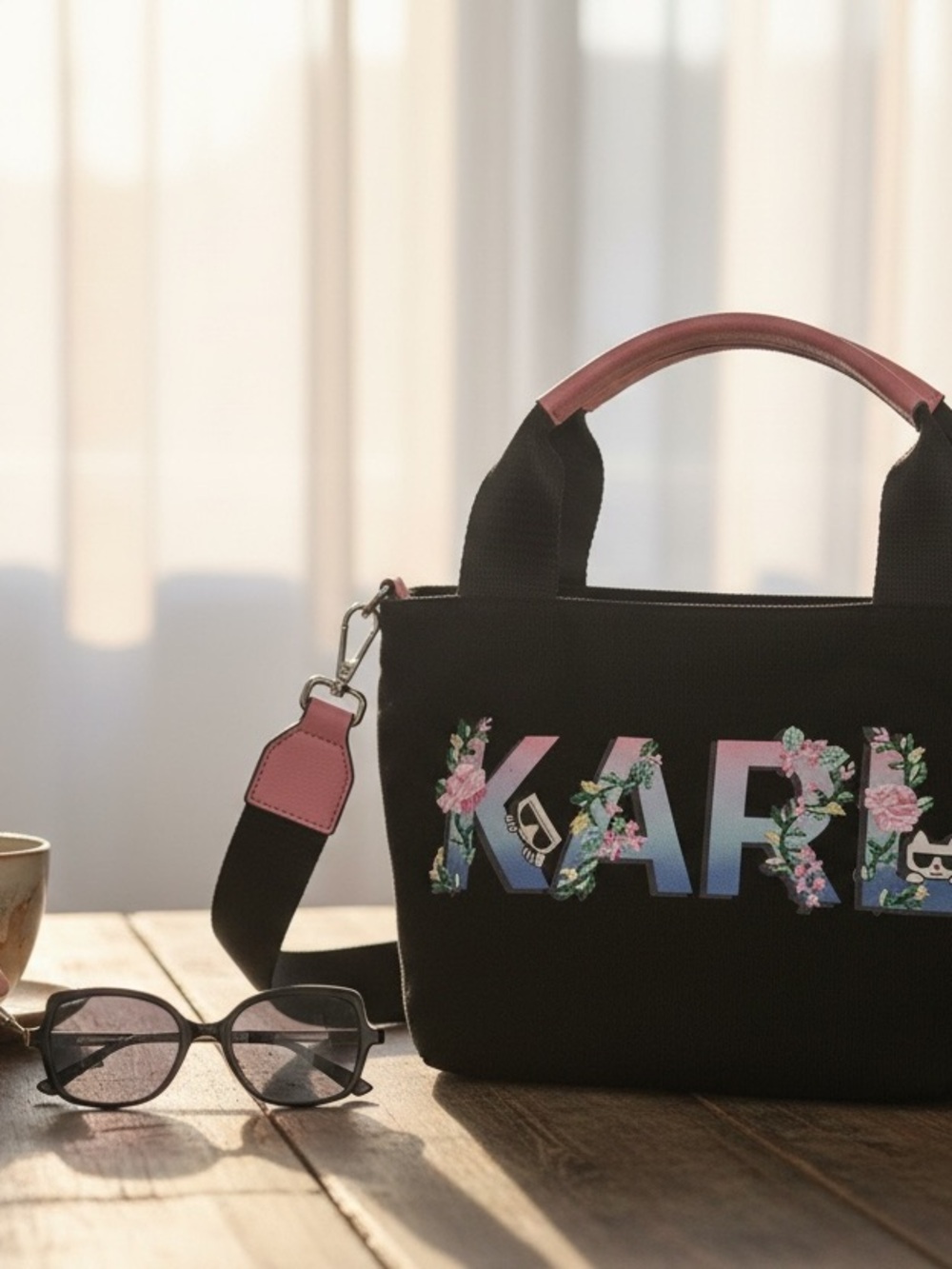 Karl Lagerfeld Black Canvas Mini Tote with Pink Trim - Picture 2 of 7